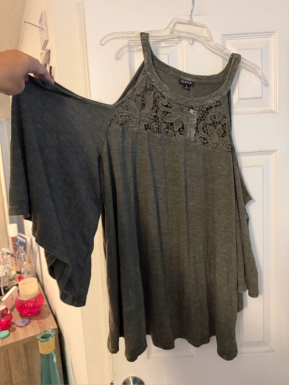 Torrid Olive Green Lace Yoke Cold-Shoulder Top